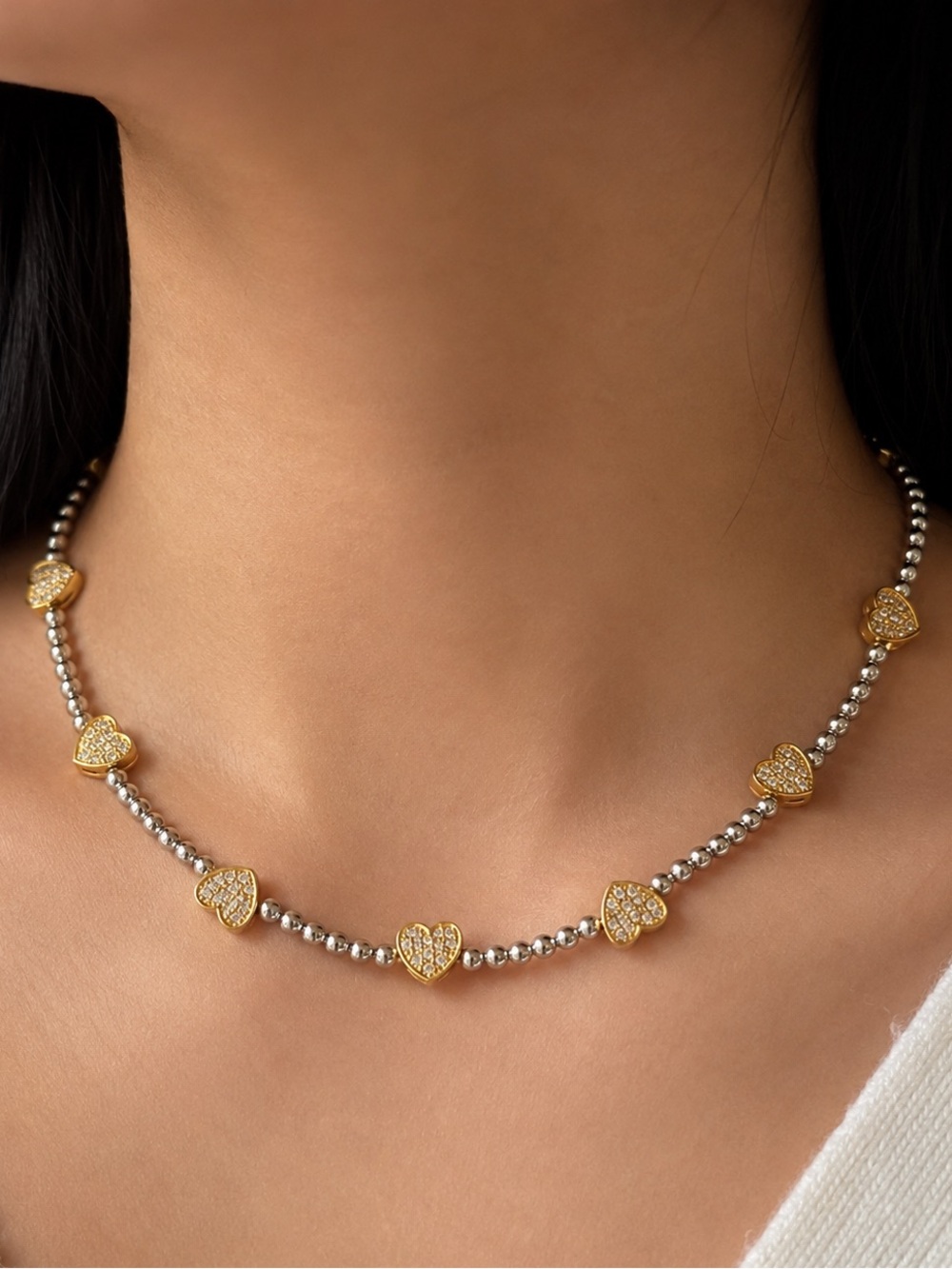 Gold & Silver Heart Station Necklace - Women Jewelry